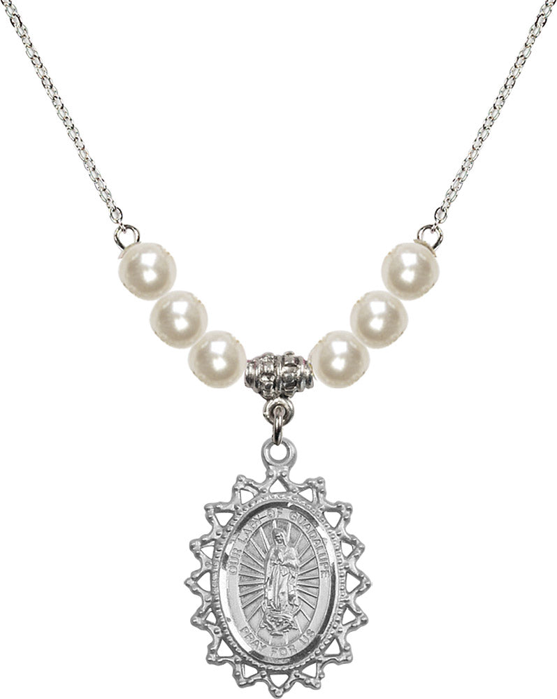 Sterling Silver Our Lady of Guadalupe Birthstone Necklace with Faux-Pearl Beads - 1619