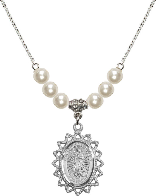 Sterling Silver Our Lady of Guadalupe Birthstone Necklace with Faux-Pearl Beads - 1619