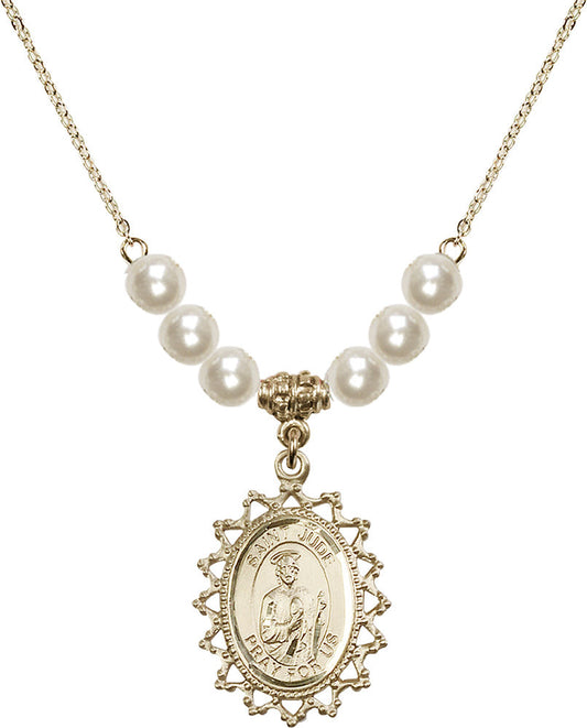 14kt Gold Filled Saint Jude Birthstone Necklace with Faux-Pearl Beads - 1619