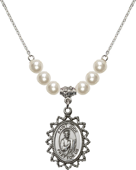 Sterling Silver Saint Jude Birthstone Necklace with Faux-Pearl Beads - 1619
