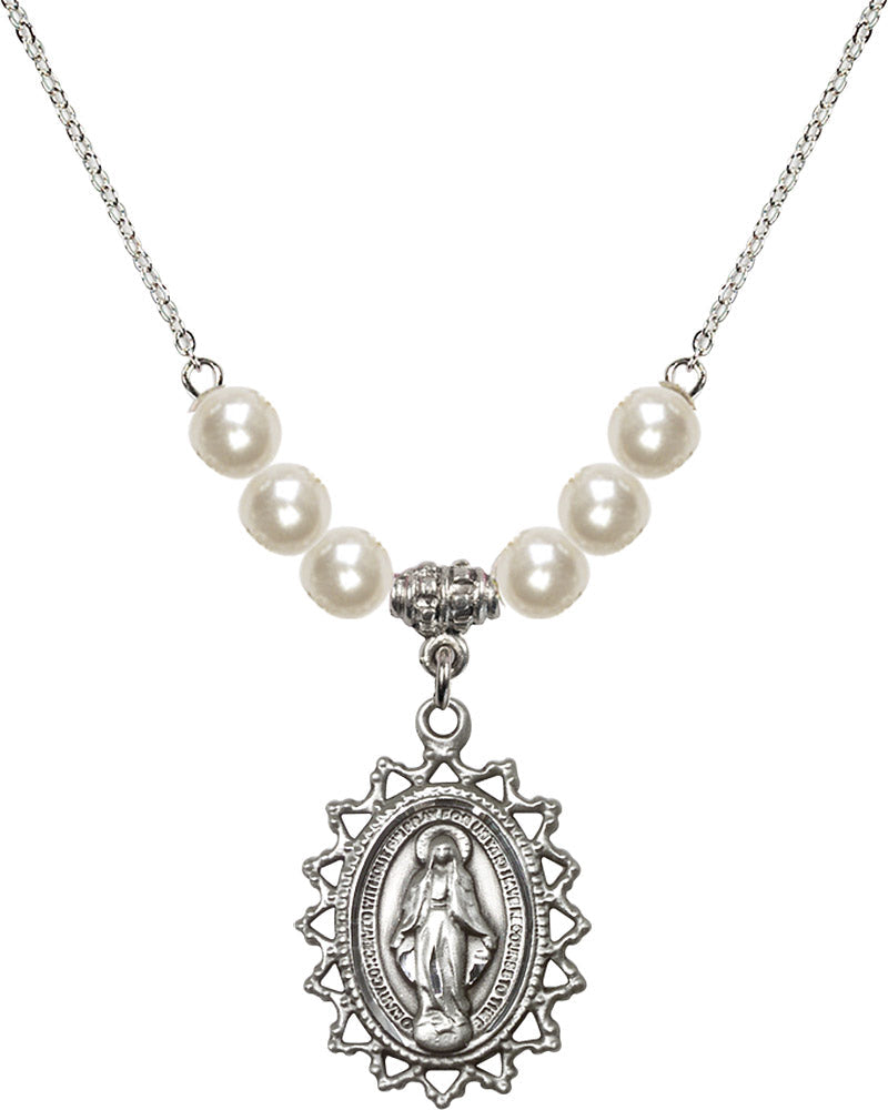 Sterling Silver Miraculous Birthstone Necklace with Faux-Pearl Beads - 1619