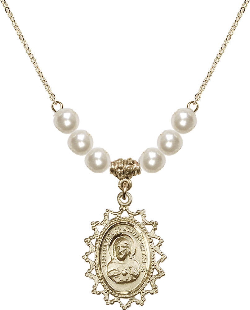 14kt Gold Filled Scapular Birthstone Necklace with Faux-Pearl Beads - 1619