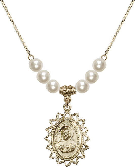 14kt Gold Filled Scapular Birthstone Necklace with Faux-Pearl Beads - 1619