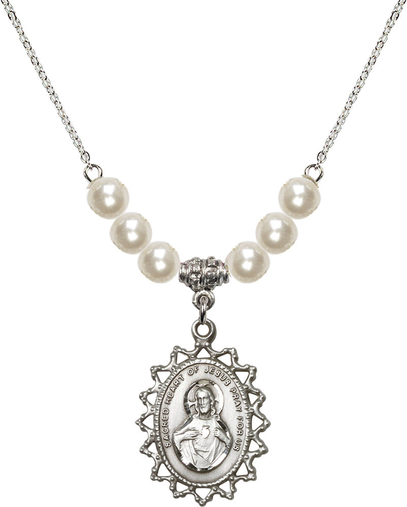Sterling Silver Scapular Birthstone Necklace with Faux-Pearl Beads - 1619
