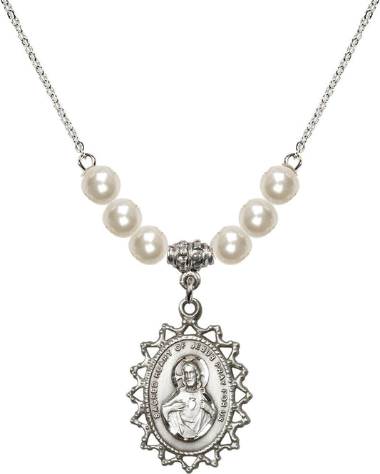 Sterling Silver Scapular Birthstone Necklace with Faux-Pearl Beads - 1619