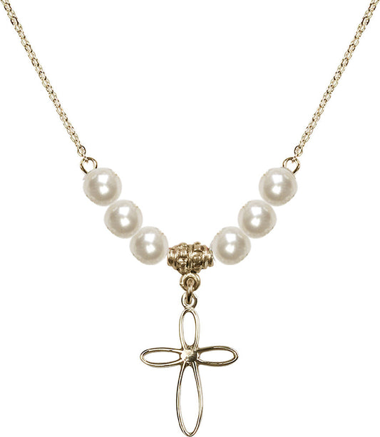 14kt Gold Filled Loop Cross Birthstone Necklace with Faux-Pearl Beads - 1707