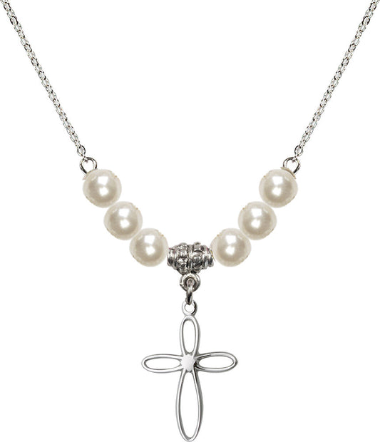 Sterling Silver Loop Cross Birthstone Necklace with Faux-Pearl Beads - 1707