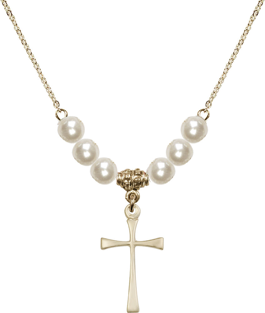 14kt Gold Filled Maltese Cross Birthstone Necklace with Faux-Pearl Beads - 1870