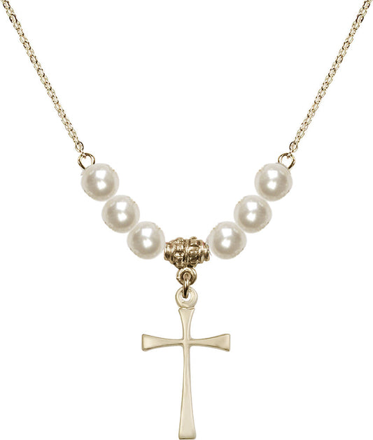 14kt Gold Filled Maltese Cross Birthstone Necklace with Faux-Pearl Beads - 1870