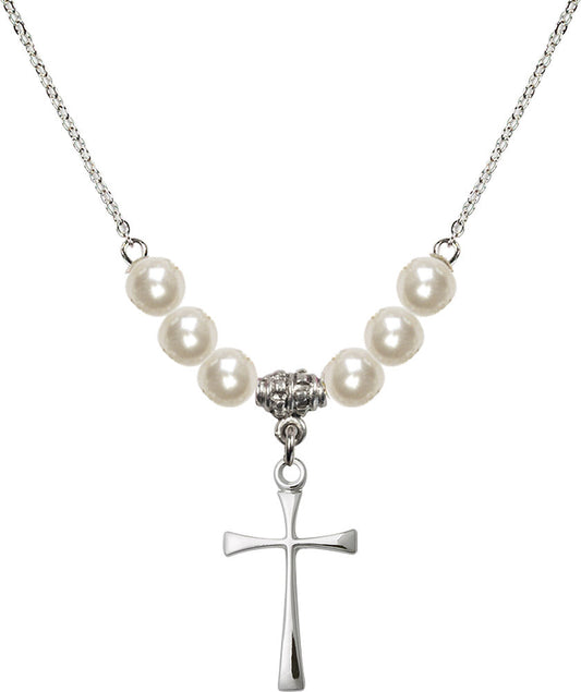 Sterling Silver Maltese Cross Birthstone Necklace with Faux-Pearl Beads - 1870