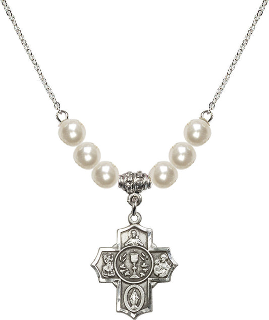 Sterling Silver Communion/5-Way Birthstone Necklace with Faux-Pearl Beads - 2004