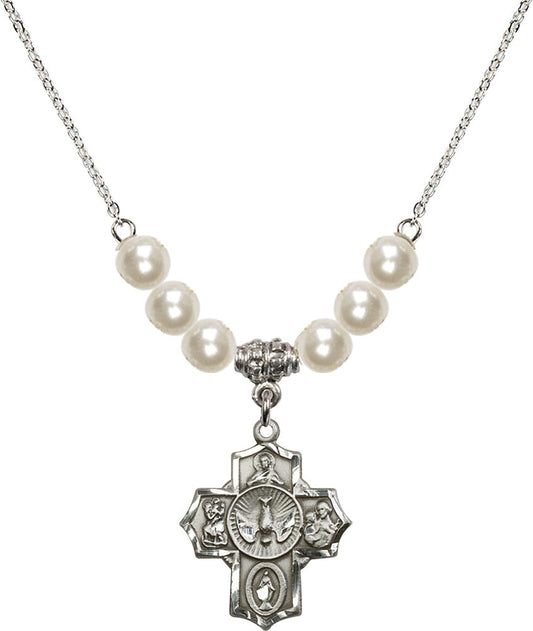 Sterling Silver 5-Way Birthstone Necklace with Faux-Pearl Beads - 2090