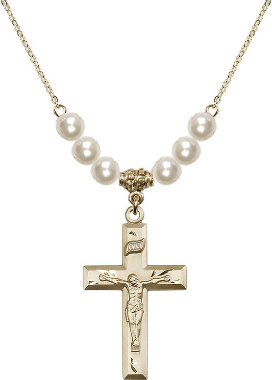 14kt Gold Filled Crucifix Birthstone Necklace with Faux-Pearl Beads - 2186