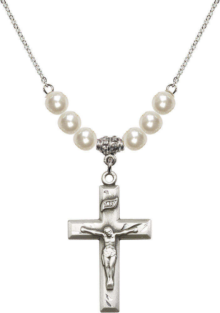 Sterling Silver Crucifix Birthstone Necklace with Faux-Pearl Beads - 2186