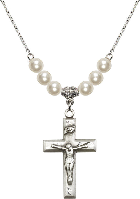Sterling Silver Crucifix Birthstone Necklace with Faux-Pearl Beads - 2186