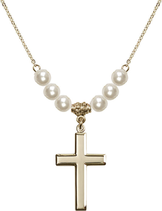 14kt Gold Filled Cross Birthstone Necklace with Faux-Pearl Beads - 2190