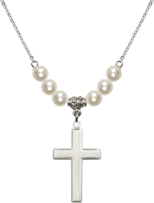 Sterling Silver Cross Birthstone Necklace with Faux-Pearl Beads - 2190