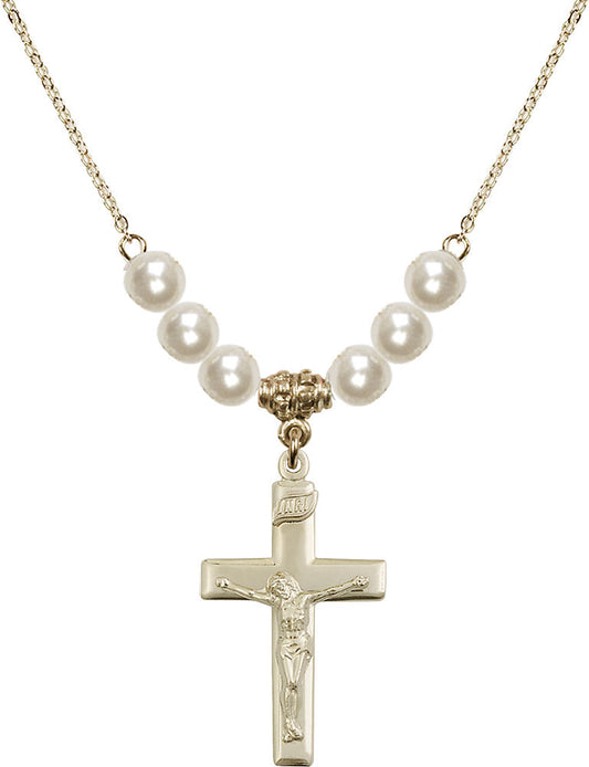 14kt Gold Filled Crucifix Birthstone Necklace with Faux-Pearl Beads - 2191