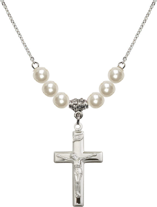 Sterling Silver Crucifix Birthstone Necklace with Faux-Pearl Beads - 2191