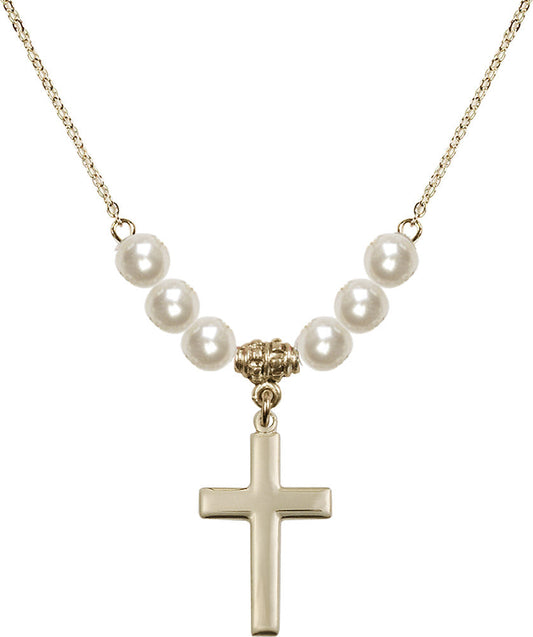 14kt Gold Filled Cross Birthstone Necklace with Faux-Pearl Beads - 2195
