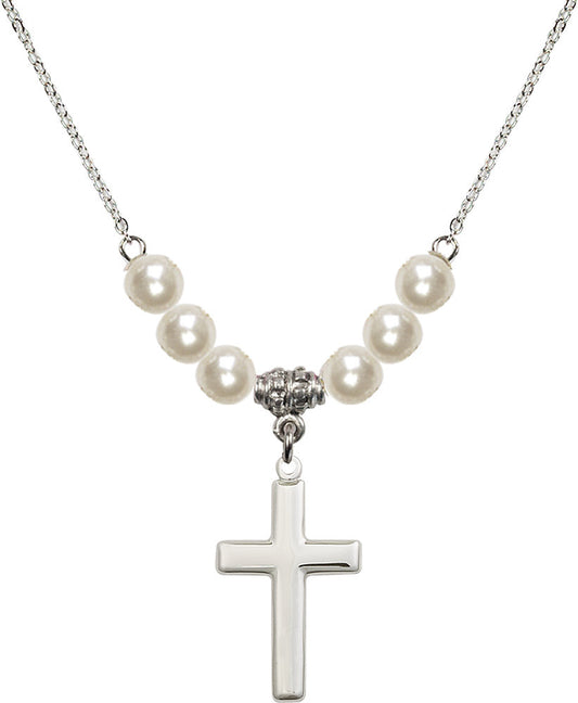 Sterling Silver Cross Birthstone Necklace with Faux-Pearl Beads - 2195