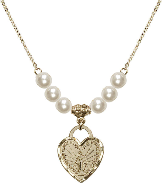 14kt Gold Filled Miraculous Heart Birthstone Necklace with Faux-Pearl Beads - 3201