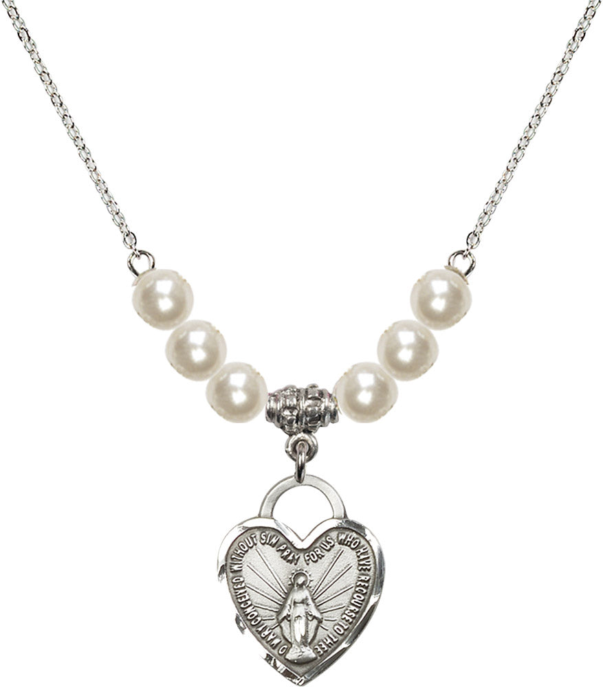 Sterling Silver Miraculous Heart Birthstone Necklace with Faux-Pearl Beads - 3201