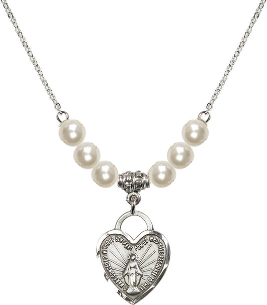 Sterling Silver Miraculous Heart Birthstone Necklace with Faux-Pearl Beads - 3201