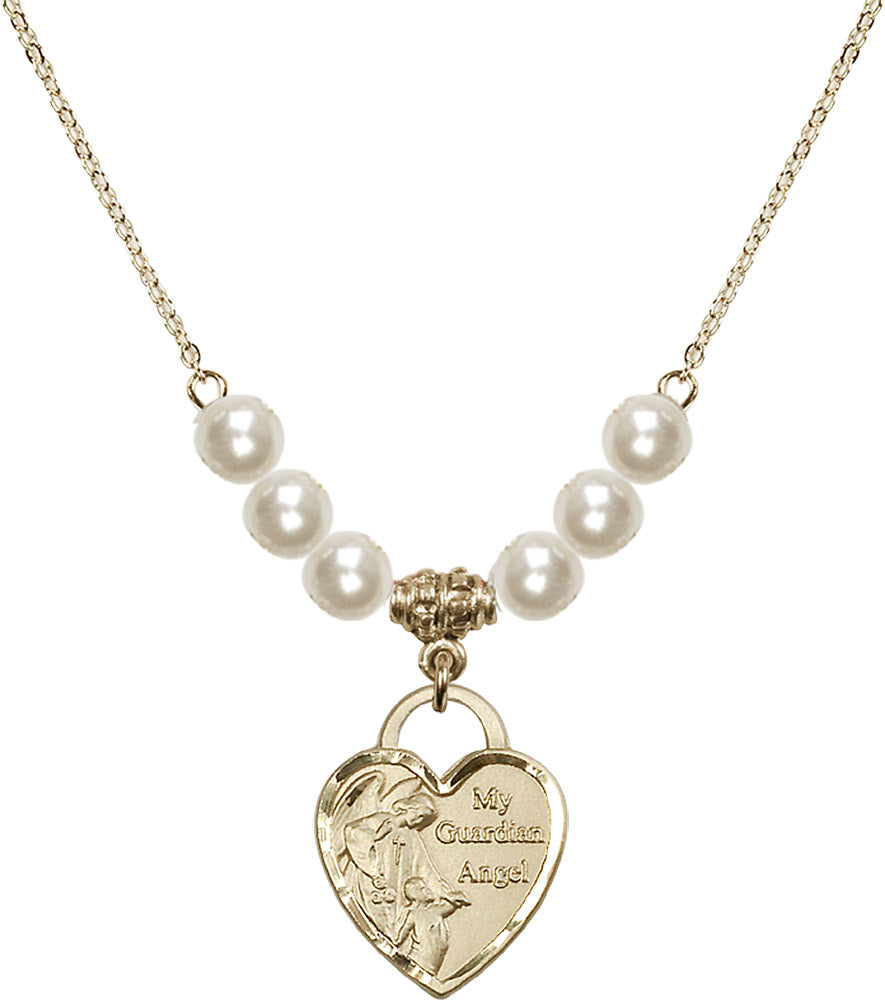 14kt Gold Filled Guardian Angel Heart Birthstone Necklace with Faux-Pearl Beads - 3202