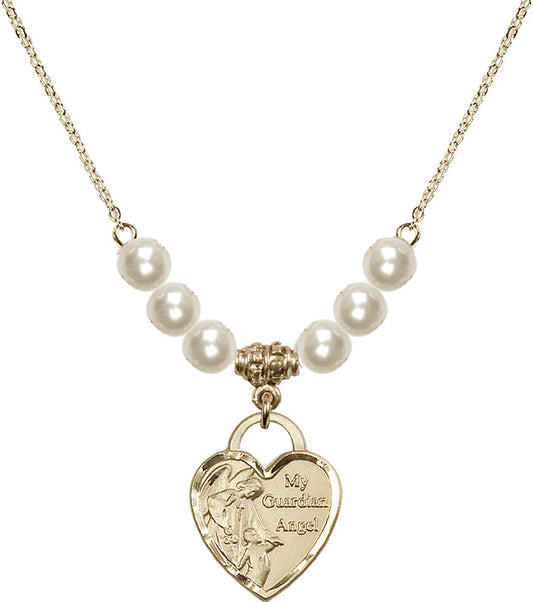 14kt Gold Filled Guardian Angel Heart Birthstone Necklace with Faux-Pearl Beads - 3202