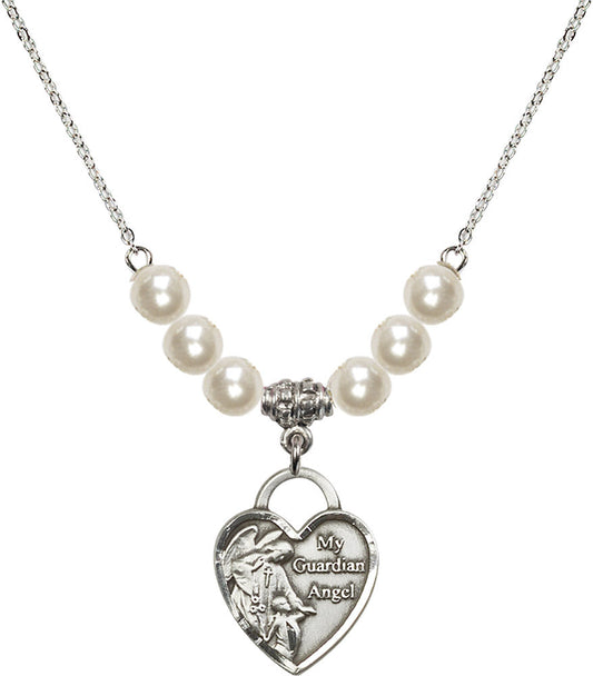 Sterling Silver Guardian Angel Heart Birthstone Necklace with Faux-Pearl Beads - 3202