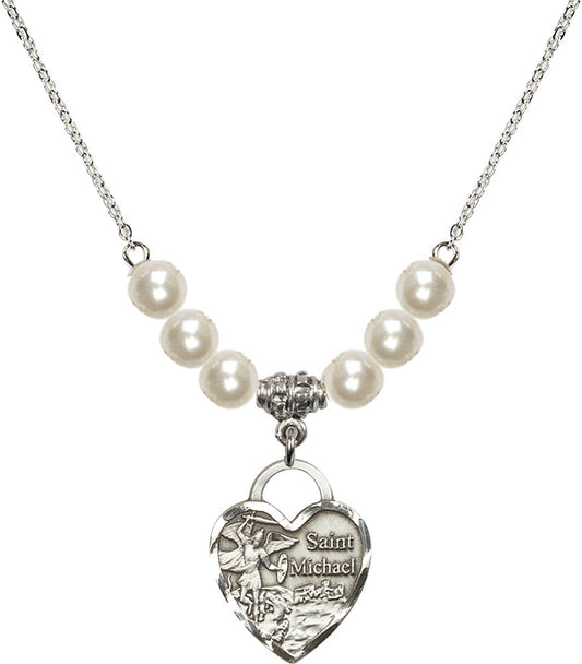 Sterling Silver Saint Michael the Archangel Birthstone Necklace with Faux-Pearl Beads - 3203
