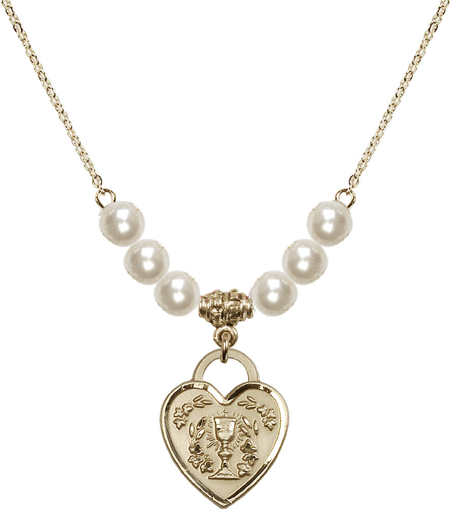 14kt Gold Filled Communion Heart Birthstone Necklace with Faux-Pearl Beads - 3204