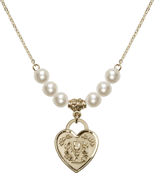 14kt Gold Filled Communion Heart Birthstone Necklace with Faux-Pearl Beads - 3204