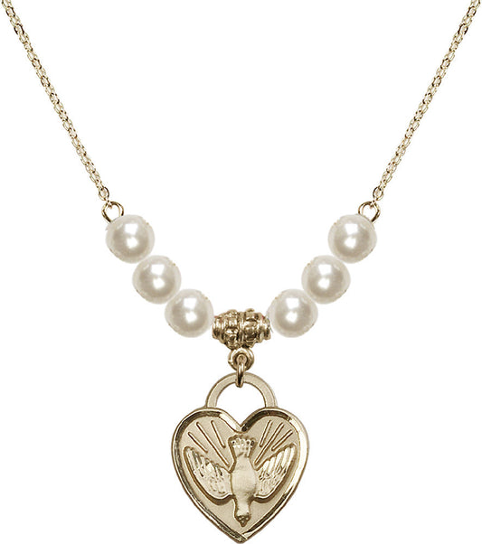 14kt Gold Filled Confirmation Heart Birthstone Necklace with Faux-Pearl Beads - 3205