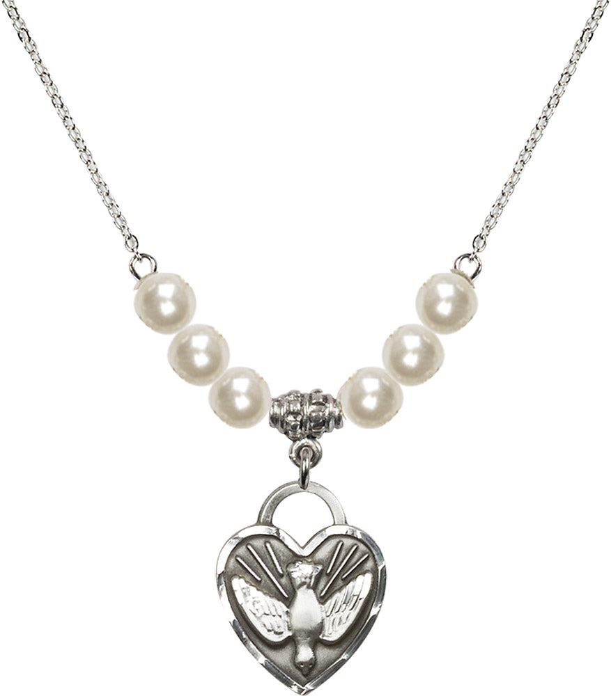 Sterling Silver Confirmation Heart Birthstone Necklace with Faux-Pearl Beads - 3205