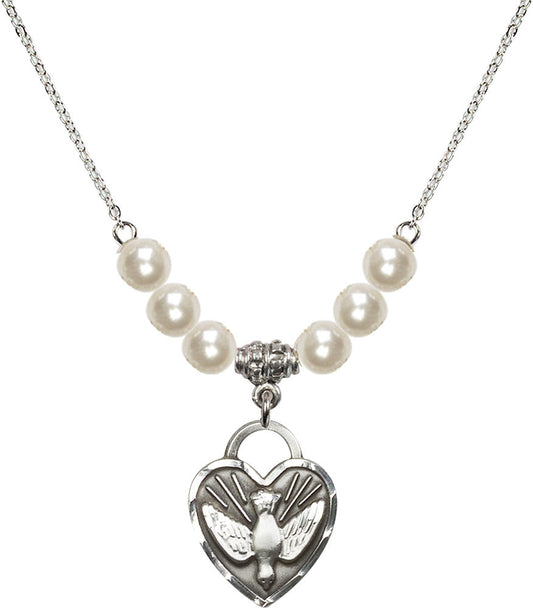 Sterling Silver Confirmation Heart Birthstone Necklace with Faux-Pearl Beads - 3205