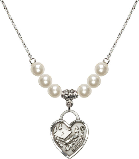Sterling Silver Graduation Heart Birthstone Necklace with Faux-Pearl Beads - 3206