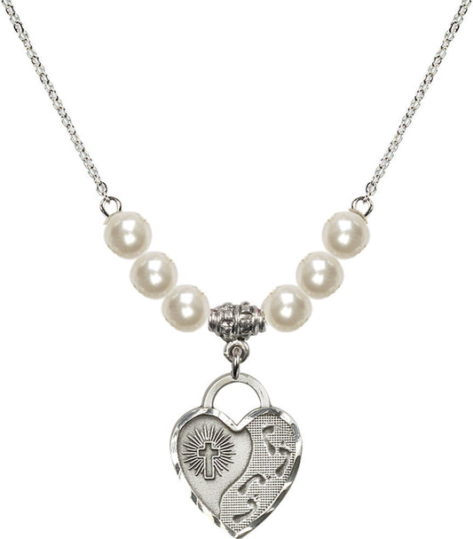 Sterling Silver Footprints Heart Birthstone Necklace with Faux-Pearl Beads - 3207