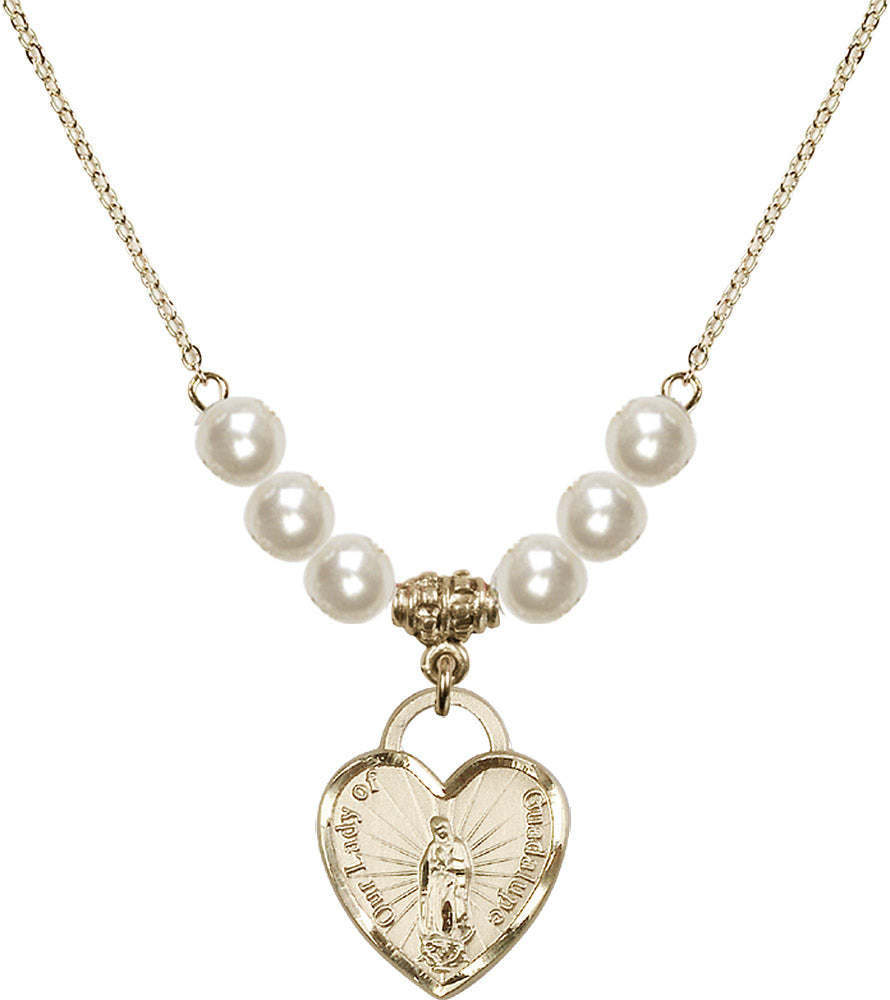 14kt Gold Filled Our Lady of Guadalupe Heart / Recuerdo Birthstone Necklace with Faux-Pearl Beads - 3209