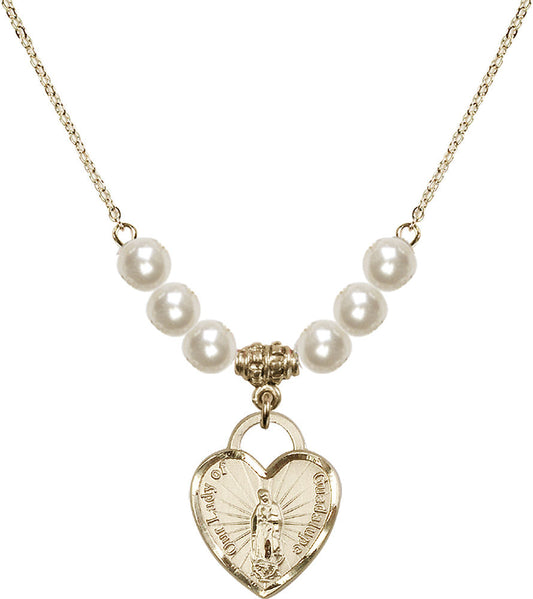14kt Gold Filled Our Lady of Guadalupe Heart / Recuerdo Birthstone Necklace with Faux-Pearl Beads - 3209