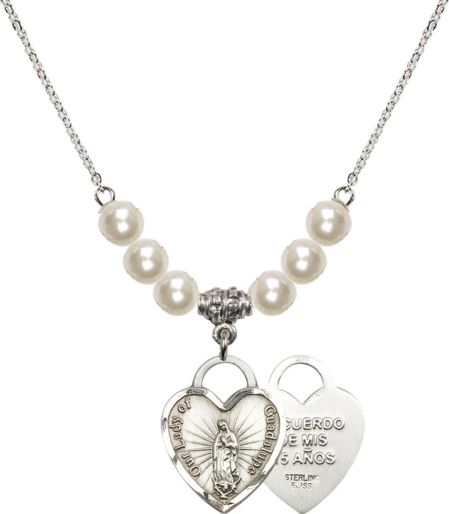 Sterling Silver Our Lady of Guadalupe Heart / Recuerdo Birthstone Necklace with Faux-Pearl Beads - 3209