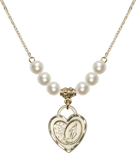 14kt Gold Filled Miraculous Heart Birthstone Necklace with Faux-Pearl Beads - 3212