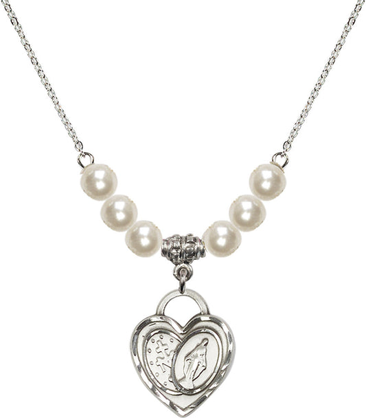 Sterling Silver Miraculous Heart Birthstone Necklace with Faux-Pearl Beads - 3212