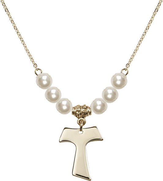 14kt Gold Filled Tau Cross Birthstone Necklace with Faux-Pearl Beads - 3948