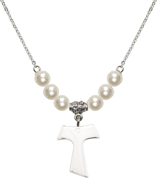 Sterling Silver Tau Cross Birthstone Necklace with Faux-Pearl Beads - 3948