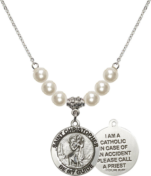 Sterling Silver Saint Christopher Birthstone Necklace with Faux-Pearl Beads - 4049