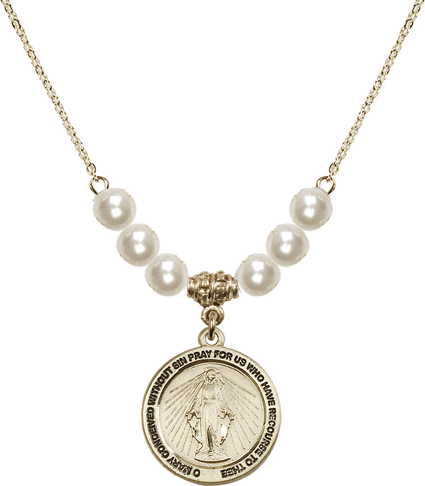 14kt Gold Filled Miraculous Birthstone Necklace with Faux-Pearl Beads - 4056