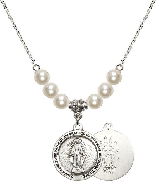 Sterling Silver Miraculous Birthstone Necklace with Faux-Pearl Beads - 4056