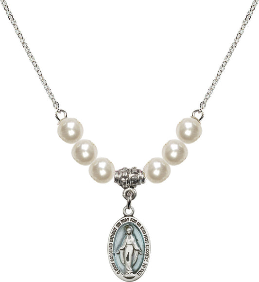Sterling Silver Miraculous Birthstone Necklace with Faux-Pearl Beads - 4122